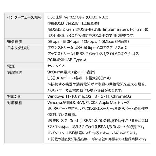 USBハブ（10ポート・ACアダプタ付・USB充電器・個別スイッチ付・USB3.2/5Gbps・セルフパワー・充電・通信）