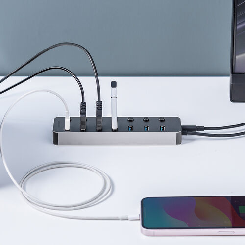 USBハブ（7ポート・ACアダプタ付・USB充電器・セルフパワー・個別スイッチ付・USB3.2/5Gbps・コンパクト・USB A 接続・グレー）