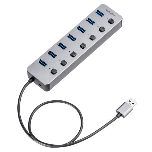 USBハブ（7ポート・ACアダプタ付・USB充電器・セルフパワー・個別スイッチ付・USB3.2/5Gbps・コンパクト・USB A 接続・グレー）