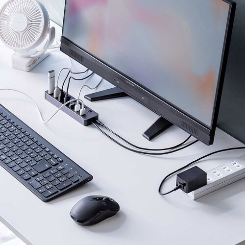 USBハブ（7ポート・ACアダプタ付・USB充電器・セルフパワー・個別スイッチ付・USB3.2/5Gbps・コンパクト・USB A 接続・グレー）