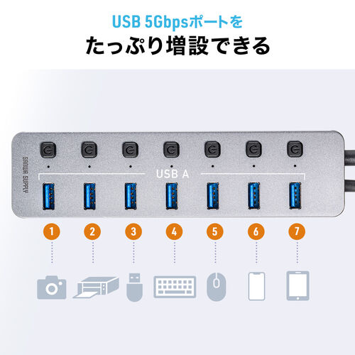 USBハブ（7ポート・ACアダプタ付・USB充電器・セルフパワー・個別スイッチ付・USB3.2/5Gbps・コンパクト・USB A 接続・グレー）