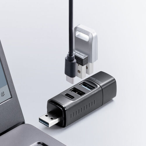 USBハブ（コンパクト・小型・USB-A接続・USB3.0・USB2.0・バスパワー・USB-Cポート・USB Aポート・3ポート・コンボハブ・黒色・軽量）