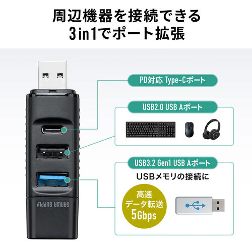 USBハブ（コンパクト・小型・USB-A接続・USB3.0・USB2.0・バスパワー・USB-Cポート・USB Aポート・3ポート・コンボハブ・黒色・軽量）