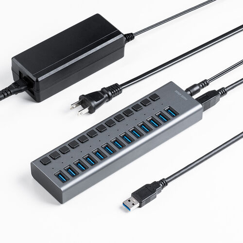 USBハブ 13ポート セルフパワー USB充電器 個別スイッチ付 ケーブル長2.7ｍ USB5Gbps ACアダプタ付 充電 通信