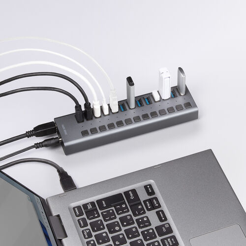 USBハブ 13ポート セルフパワー USB充電器 個別スイッチ付 ケーブル長2.7ｍ USB5Gbps ACアダプタ付 充電 通信