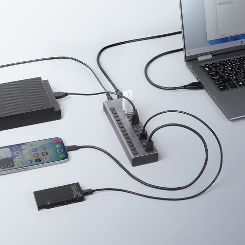 USBハブ 13ポート セルフパワー USB充電器 個別スイッチ付 ケーブル長2.7ｍ USB5Gbps ACアダプタ付 充電 通信