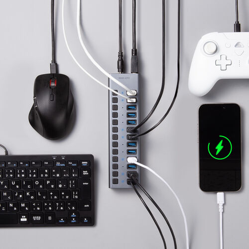 USBハブ 13ポート セルフパワー USB充電器 個別スイッチ付 ケーブル長2.7ｍ USB5Gbps ACアダプタ付 充電 通信
