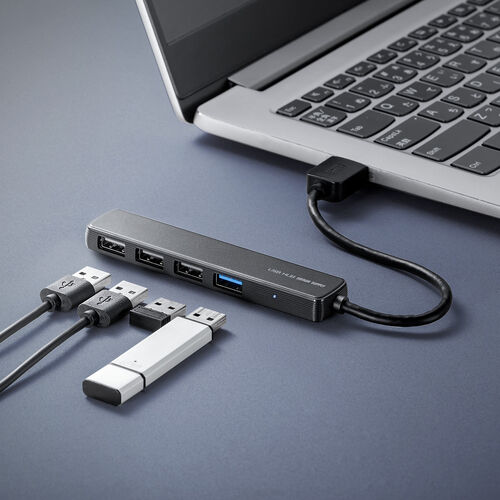 USBハブ（４ポート・コンパクト・軽量・USB・5Gbps・USB2.0・USB A接続・ケーブル長15cm・ブラック）