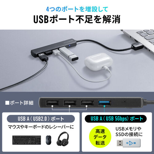 USBハブ（４ポート・コンパクト・軽量・USB・5Gbps・USB2.0・USB A接続・ケーブル長15cm・ブラック）