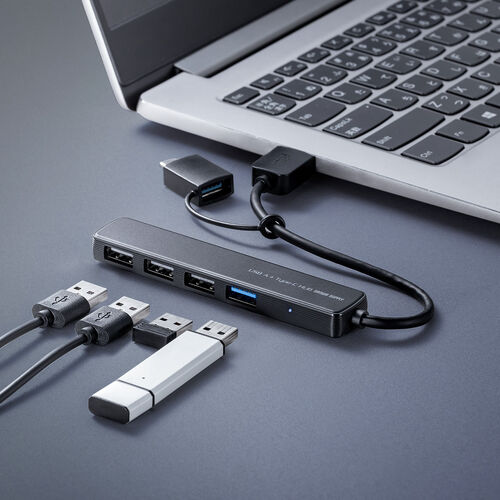 USBハブ（４ポート・コンパクト・軽量・USB 5Gbps・USB2.0・USB Type-C接続・USB A接続・変換アダプタ付き・ケーブル長15cm・ブラック）