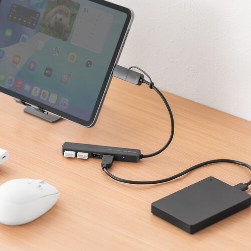 USBハブ（４ポート・コンパクト・軽量・USB 5Gbps・USB2.0・USB Type-C接続・USB A接続・変換アダプタ付き・ケーブル長15cm・ブラック）