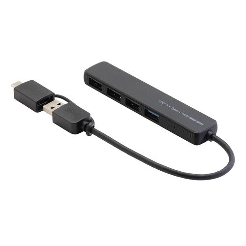 USBハブ（４ポート・コンパクト・軽量・USB 5Gbps・USB2.0・USB Type-C接続・USB A接続・変換アダプタ付き・ケーブル長15cm・ブラック）