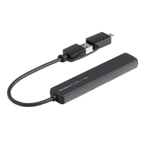 USBハブ（４ポート・コンパクト・軽量・USB 5Gbps・USB2.0・USB Type-C接続・USB A接続・変換アダプタ付き・ケーブル長15cm・ブラック）
