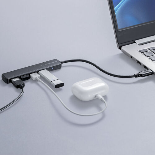 USBハブ（４ポート・コンパクト・軽量・USB 5Gbps・USB2.0・USB Type-C接続・USB A接続・変換アダプタ付き・ケーブル長15cm・ブラック）