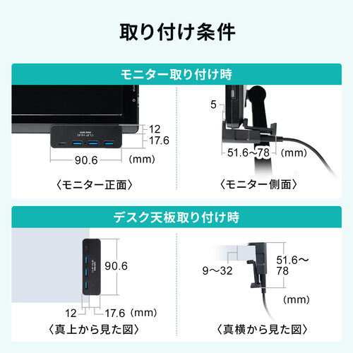 クリップ式USBハブ（Type-C接続・4ポート・クランプ固定・Type-C×1ポート・USB A×3ポート・机固定・1.5mケーブル・シルバー）