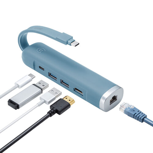 ドッキングステーション（タイプCハブ・HDMI・4K/30Hz・PD100W対応・有線LAN対応・ケーブル一体型・モバイル・持ち運び・ブルー） HUBC18BL