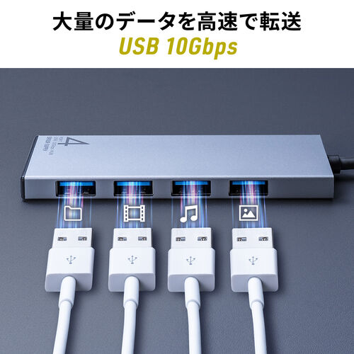 USB TypeC ハブ（4ポート・薄型・軽量・A×4・ケーブル一体型・USB3.2・Gen2対応・10Gbps高速対応・アルミ放熱・Windows・Mac・iPad・Chromebook 対応）