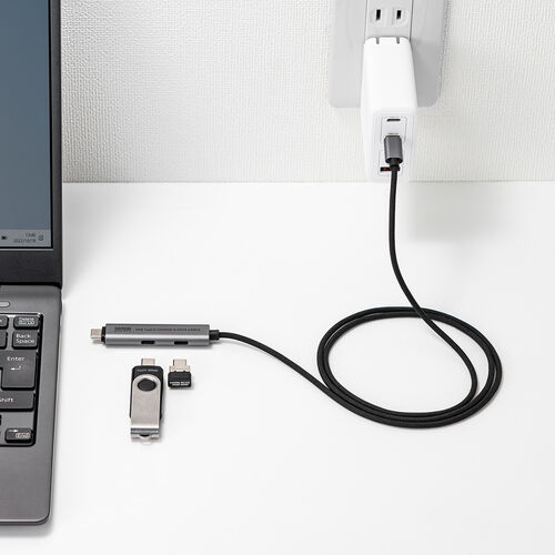 【アウトレット】USB Type-Cハブ（Type-Cケーブル・PD対応・PD100W・USB3.2Gen1・USB5Gbps・持ち運び・ケーブル一体型・1m・ブラック）