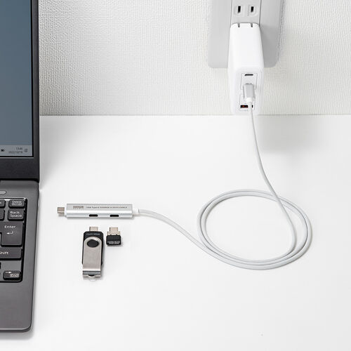 USB Type-Cハブ（Type-Cケーブル・PD対応・PD100W・USB3.2Gen1・USB5Gbps・持ち運び・ケーブル一体型・1m・シルバー）