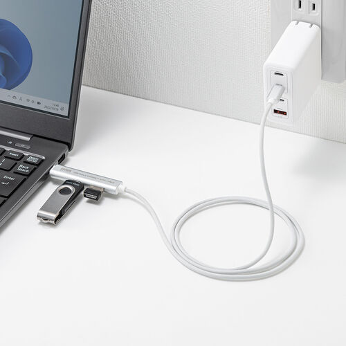 USB Type-Cハブ（Type-Cケーブル・PD対応・PD100W・USB3.2Gen1・USB5Gbps・持ち運び・ケーブル一体型・1m・シルバー）