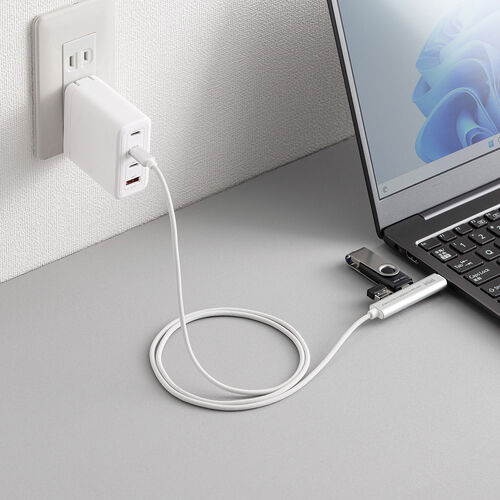 USB Type-Cハブ（Type-Cケーブル・PD対応・PD100W・USB3.2Gen1・USB5Gbps・持ち運び・ケーブル一体型・1m・シルバー）