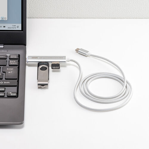 USB Type-Cハブ（Type-Cケーブル・PD対応・PD100W・USB3.2Gen1・USB5Gbps・持ち運び・ケーブル一体型・1m・シルバー）