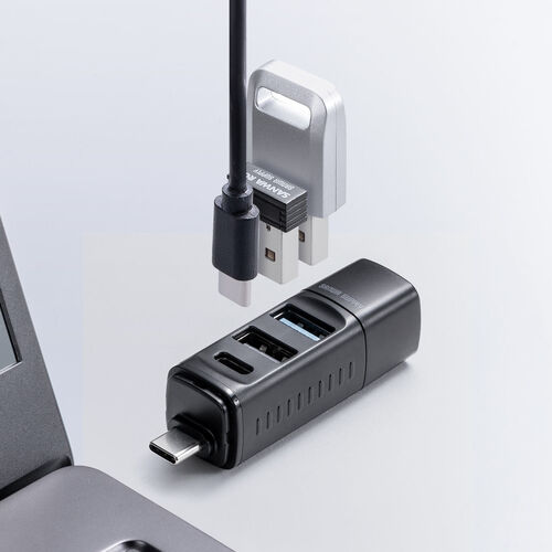 USBハブ（コンパクト・小型・USB Type-C接続・USB3.0・USB2.0・バスパワー・USB-Cポート・USB Aポート・3ポート・コンボハブ・黒色・軽量）