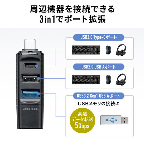 USBハブ（コンパクト・小型・USB Type-C接続・USB3.0・USB2.0・バスパワー・USB-Cポート・USB Aポート・3ポート・コンボハブ・黒色・軽量）
