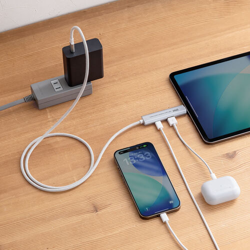 USB Type-Cハブ（Type-Cケーブル・PD対応・PD100W・USB Aポート増設・USB3.2 gen1・USB5gbps・持ち運び・ケーブル一体型・急速充電・1m・シルバー）