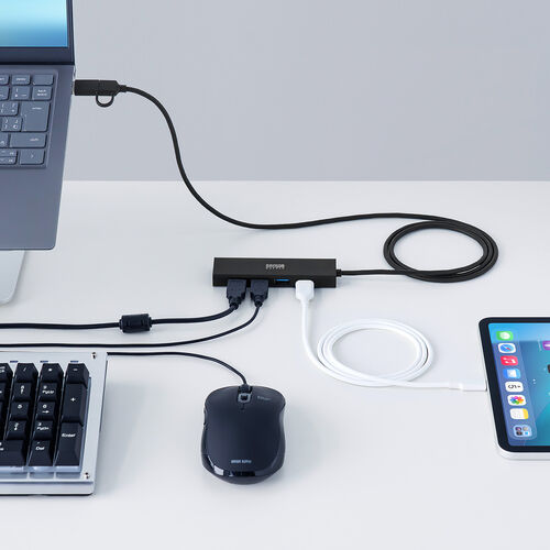 USBハブ（5ポート・セルフパワー・バスパワー・USB 5Gbps・小型・コンパクト・高速通信・Type-C接続・USB A接続・充電・通信・120cm）