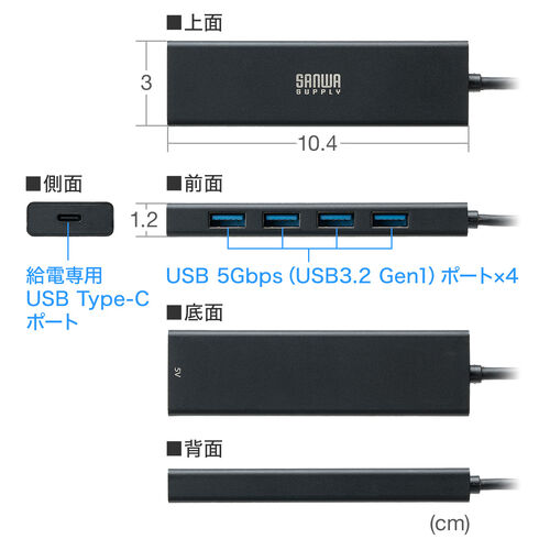 USBハブ（5ポート・セルフパワー・バスパワー・USB 5Gbps・小型・コンパクト・高速通信・Type-C接続・USB A接続・充電・通信・120cm）
