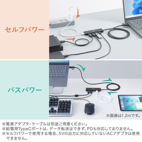 USBハブ（5ポート・セルフパワー・バスパワー・USB 5Gbps・小型・コンパクト・高速通信・Type-C接続・USB A接続・充電・通信・60cm）