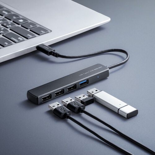 USBハブ（４ポート・コンパクト・軽量・USB 5Gbps・USB2.0・USB Type-C接続・ケーブル長15cm・ブラック）