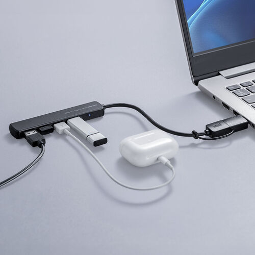 USBハブ（４ポート・コンパクト・軽量・USB 5Gbps・USB2.0・USB Type-C接続・ケーブル長15cm・ブラック）