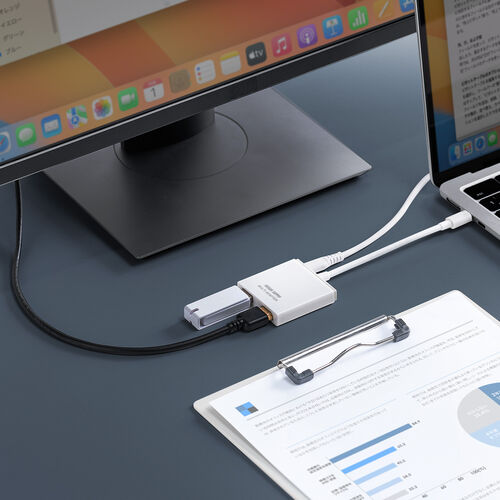 USB HDMI 変換（4K・USBハブ・3ポート拡張・Type C接続・PD充電対応・薄型・ホワイト）