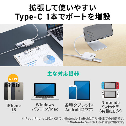 USB ハブ（Type-C 接続・3ポート拡張・PD充電対応・薄型・ホワイト）