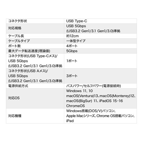 USB ハブ（Type-C 接続・3ポート拡張・PD充電対応・薄型・ホワイト）