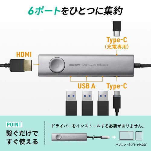 ドッキングステーション（タイプCハブ・画面ON/OFFスイッチ付き・HDMI・4K/60Hz・PD100W・ケーブル一体型・モバイル・持ち運び）HUBCP30GM