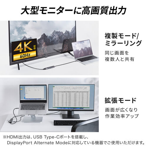 ドッキングステーション（タイプCハブ・画面ON/OFFスイッチ付き・HDMI・4K/60Hz・PD100W・ケーブル一体型・モバイル・持ち運び）HUBCP30GM