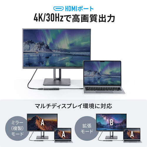 USB-C ハブ（5-in-1・最大PD90W対応・HDMIポート・4K30Hz・軽量・コンパクト・USB-Cポート・5Gbps・USB-Aポート・USB2.0・高速データ通信・ブラック）