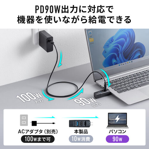 USBハブ（コンパクト・PD90W対応・小型・USB Type-C接続・PC充電・USB3.0・USB2.0・USB-Cポート・USB Aポート・3ポート・コンボハブ・黒色・軽量）