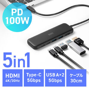 USB-C ハブ（5-in-1・PD100W・4K/30Hz・HDMIポート・軽量・コンパクト・USB-Cポート・USB-Aポート・5Gbps・高速データ転送）