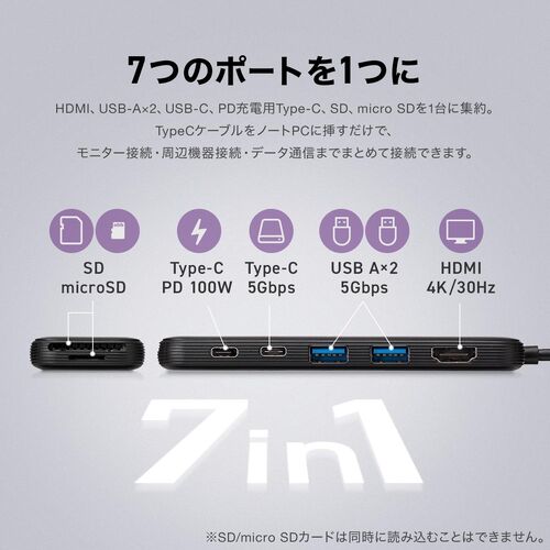 USB-C ハブ（7-in-1・PD100W・4K30Hz・HDMIポート・軽量・コンパクト・USB-Cポート・USB-Aポート・5Gbps・高速データ転送・SDカード・ドッキングステーション）