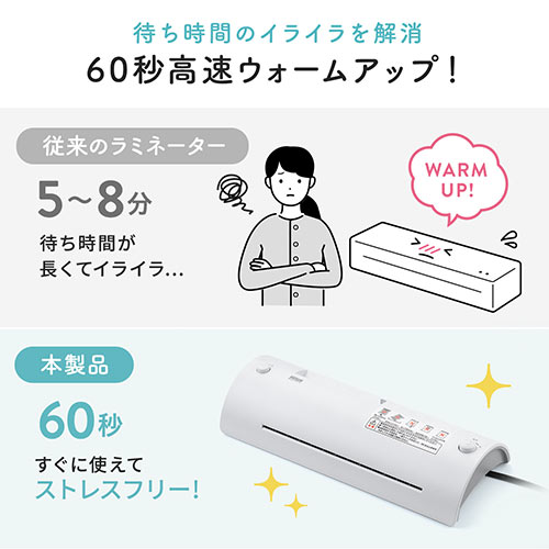 ラミネーター（A4対応・60秒フォームアップ・2本ローラー・パウチ加工・家庭用・業務用・メーカー・はがきサイズ・名刺サイズ・フィルム・おすすめ・人気 ） LM012 サンワサプライ
