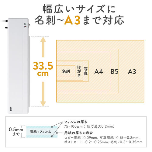 ラミネーター（A3・A4・2本ローラー・90秒ウォームアップ・パウチ加工・ラミネート・機械・パウチラミネーター・スリム・業務用・家庭用・リリース機能）