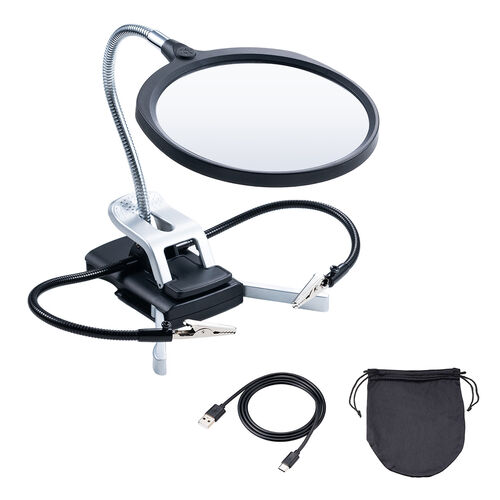 スタンドルーペ（アーム付タイプ・拡大鏡・13cmレンズ・フレキシブルアーム・LEDライト・天板固定用クリップ付・改良版）