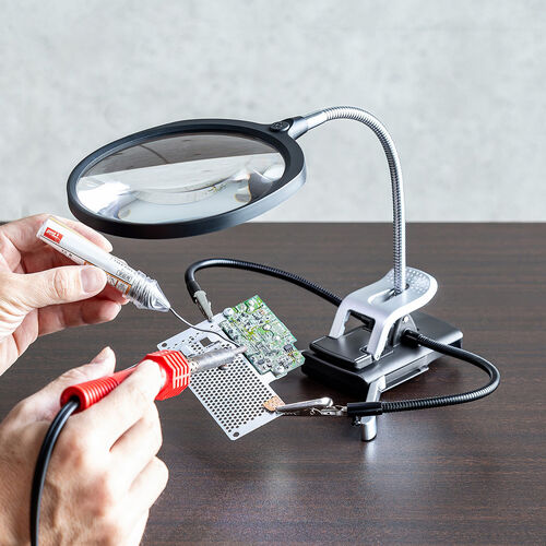 スタンドルーペ（アーム付タイプ・拡大鏡・13cmレンズ・フレキシブルアーム・LEDライト・天板固定用クリップ付・改良版）