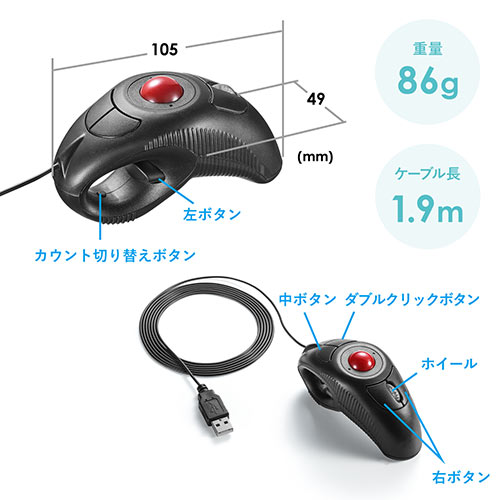 ごろ寝マウス（トラックボールマウス・DPI切替・左利き右利き両対応・ロケーションフリー）