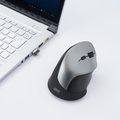 静音ワイヤレスマウス(無線・2.4G・ブルーLED・5ボタン・DPI切替・エルゴノミクス・人間工学・電池式・シルバー)