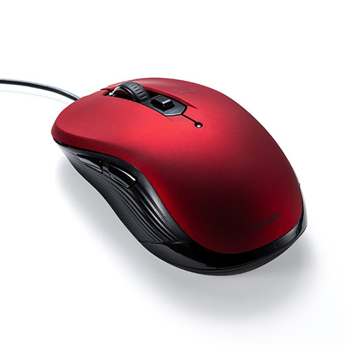 マウス(有線・ブルーLED・5ボタン・DPI切替・ラバー塗装・左右対称・中型・多ボタンマウス・左利き・コスパ最強・レッド)
